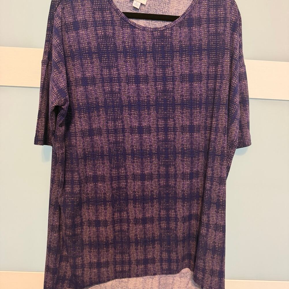 LuLaRoe Irma Womens Large Purple Gold Geometric High Low Tunic Top NWOT